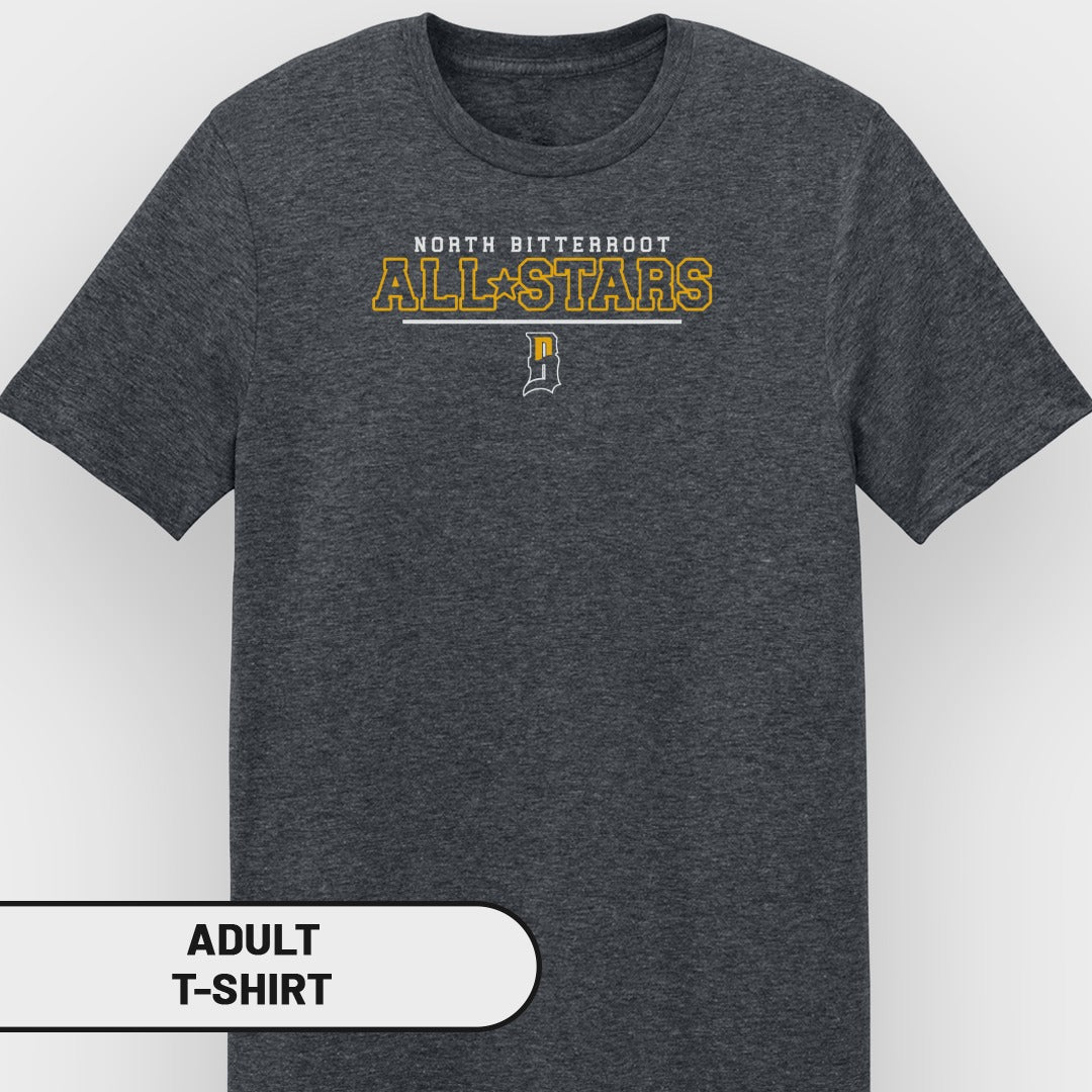 Dark gray adult t-shirt with yellow and white "NORTH BITTERROOT ALL STARS" text.