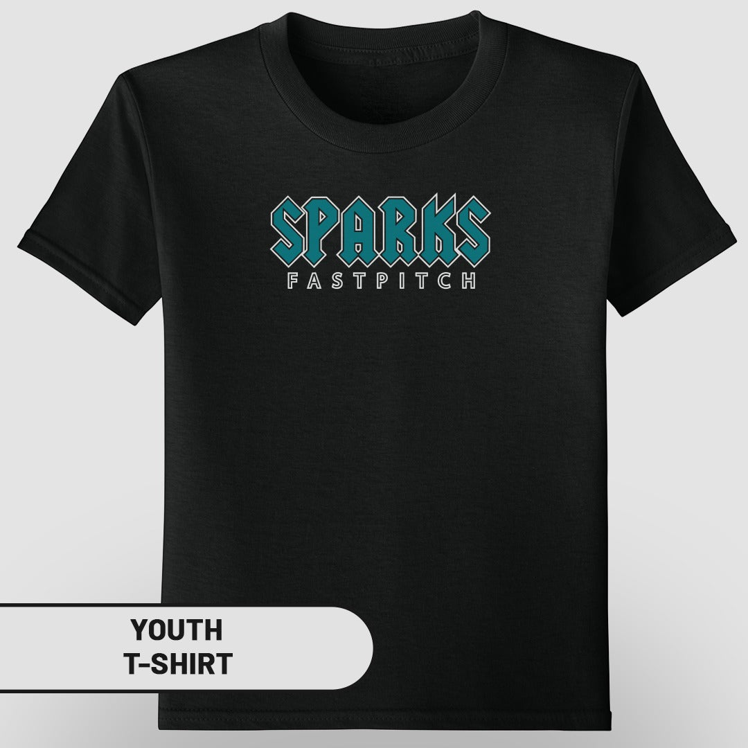 Black youth t-shirt with teal "SPARKS FASTPITCH" text.