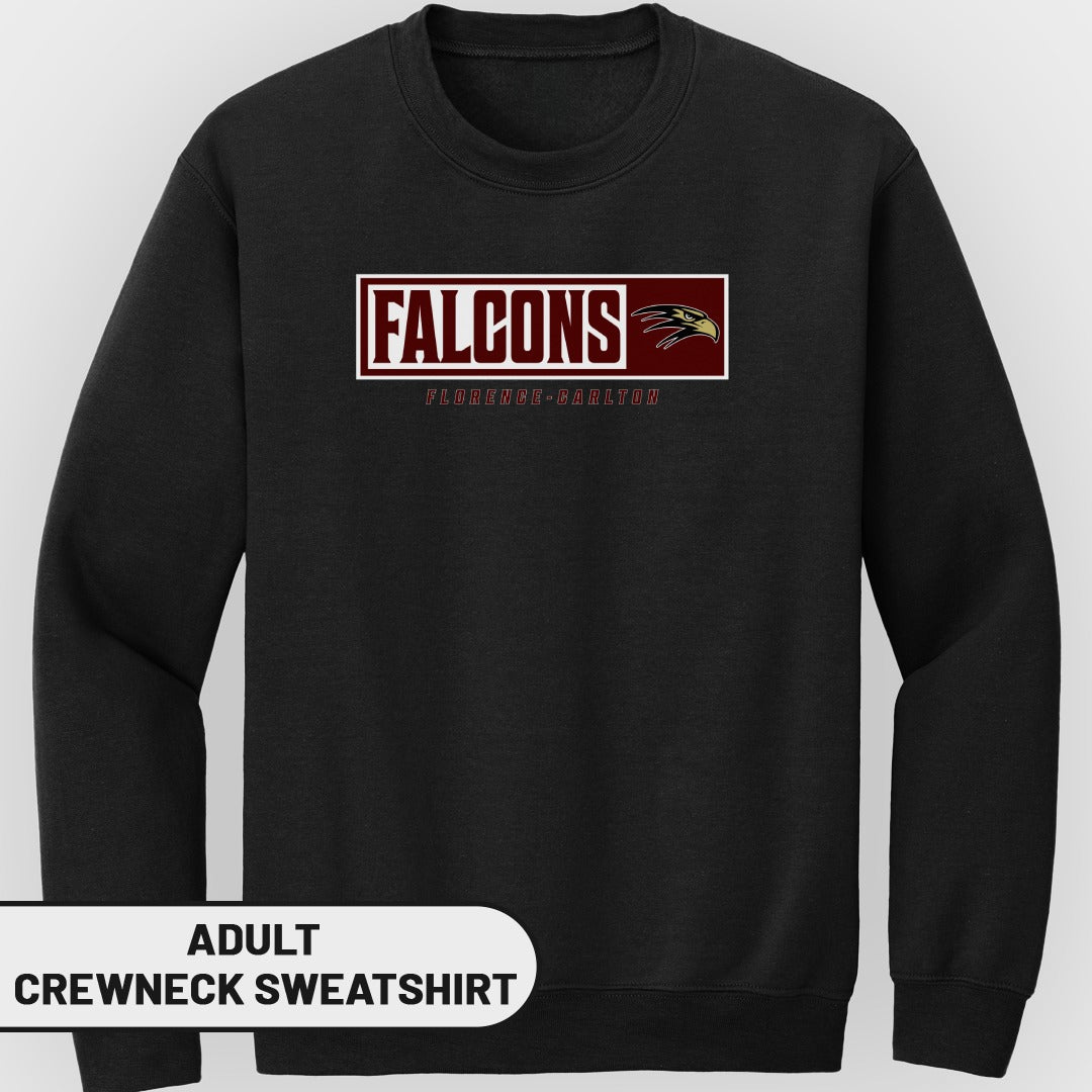 Black adult crewneck sweatshirt with "Falcons Florence-Carlton" text and eagle logo.