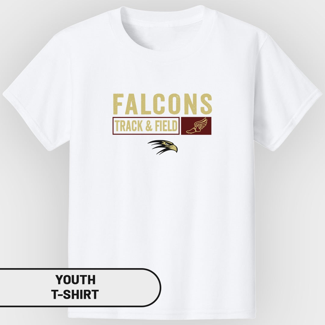 White youth t-shirt with "FALCONS TRACK & FIELD" and eagle graphic.
