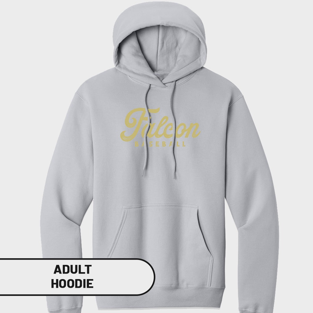 Light grey adult hoodie with yellow "Falcon Baseball" text across the chest.