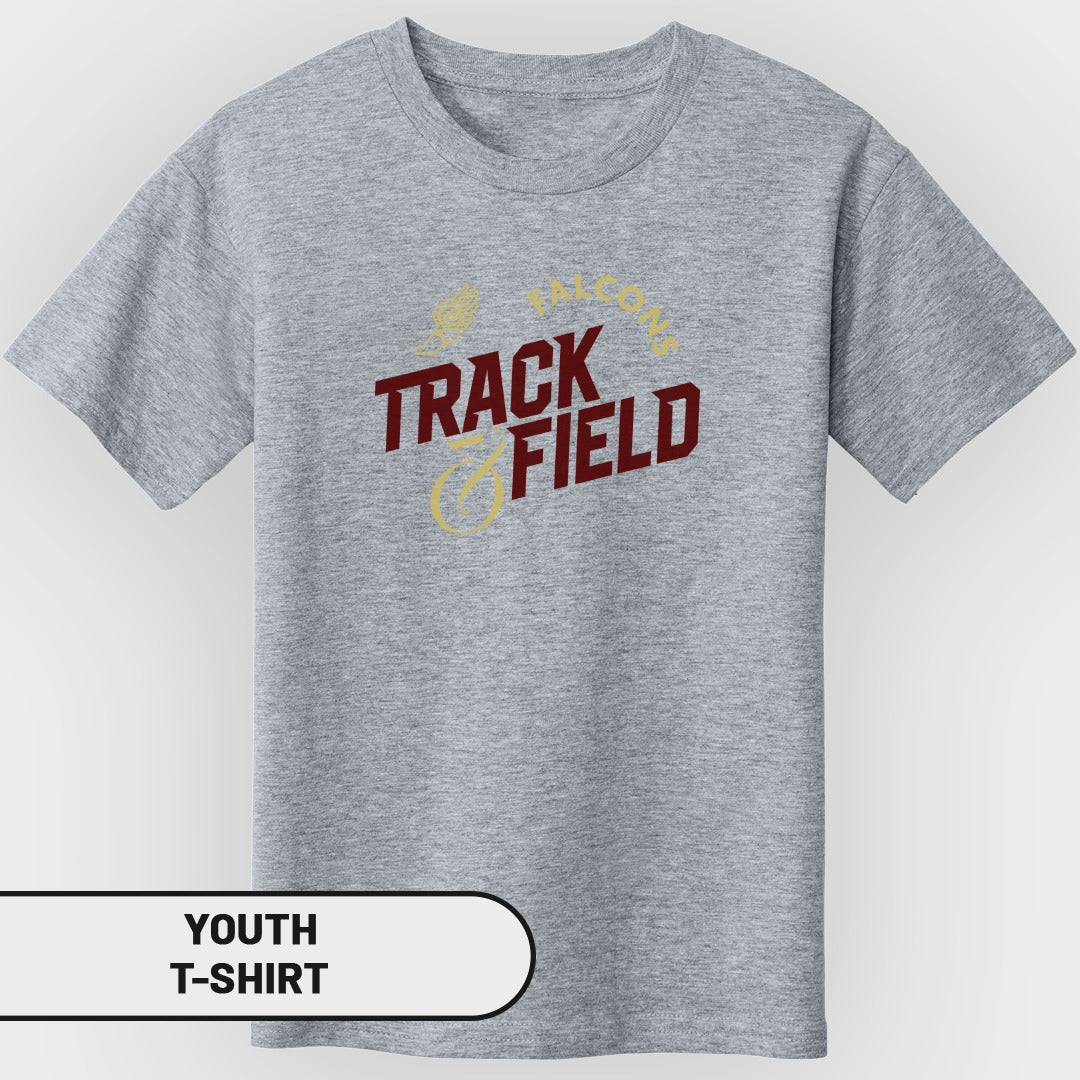 Grey youth t-shirt with "Falcons Track Field" text and athletic graphics.