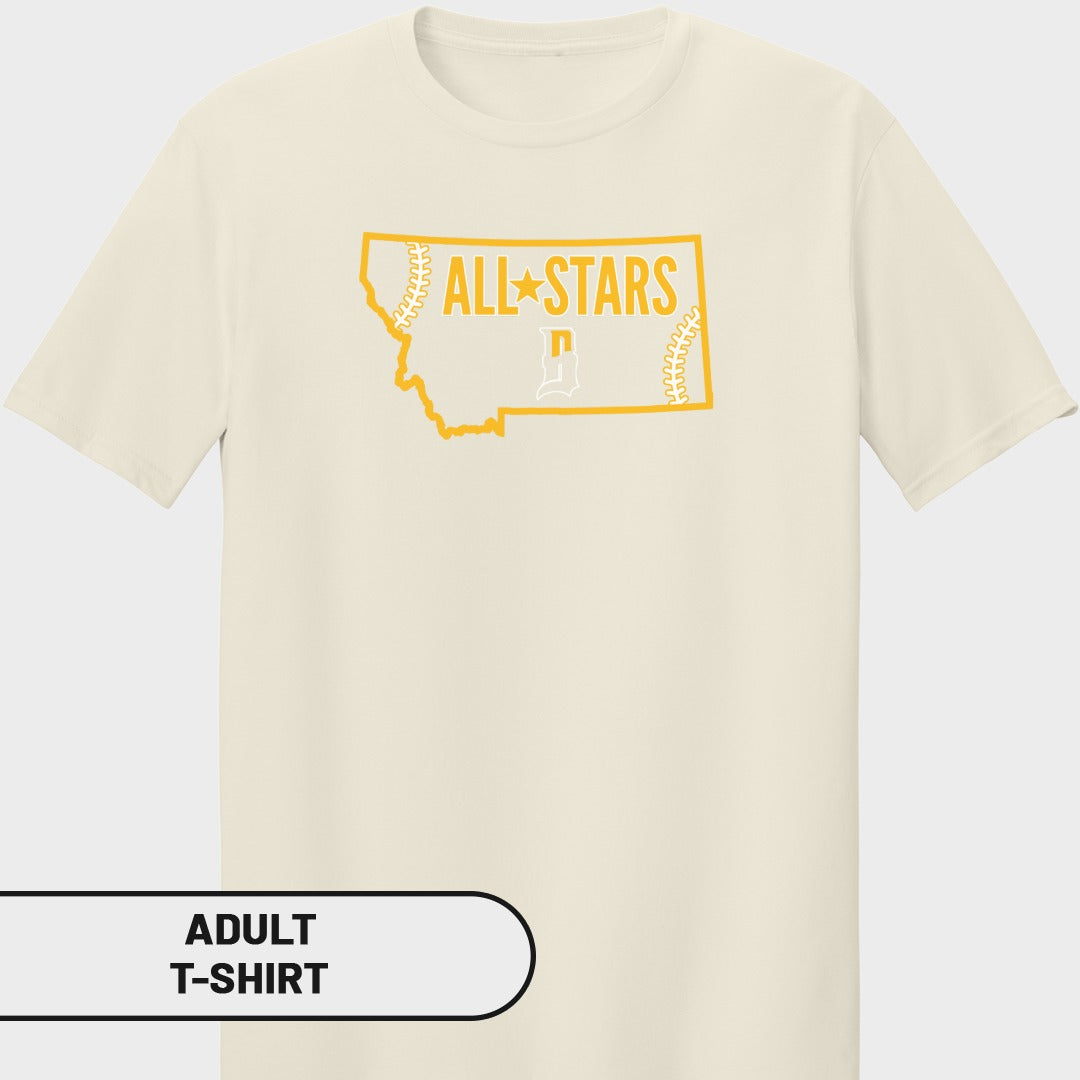 Cream t-shirt with "ALL STARS" text within Montana outline.