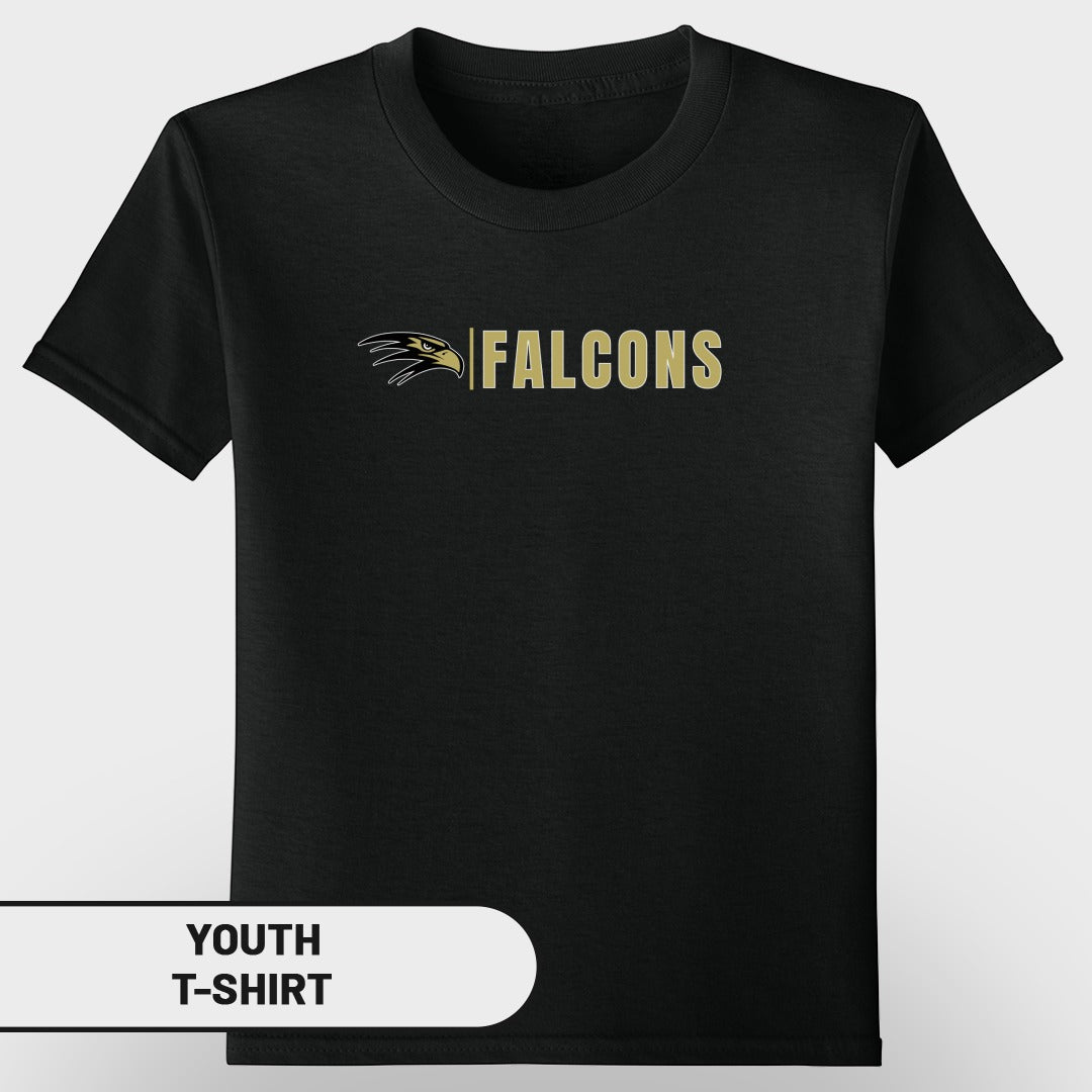 Black youth t-shirt with gold falcon logo and "FALCONS" text.