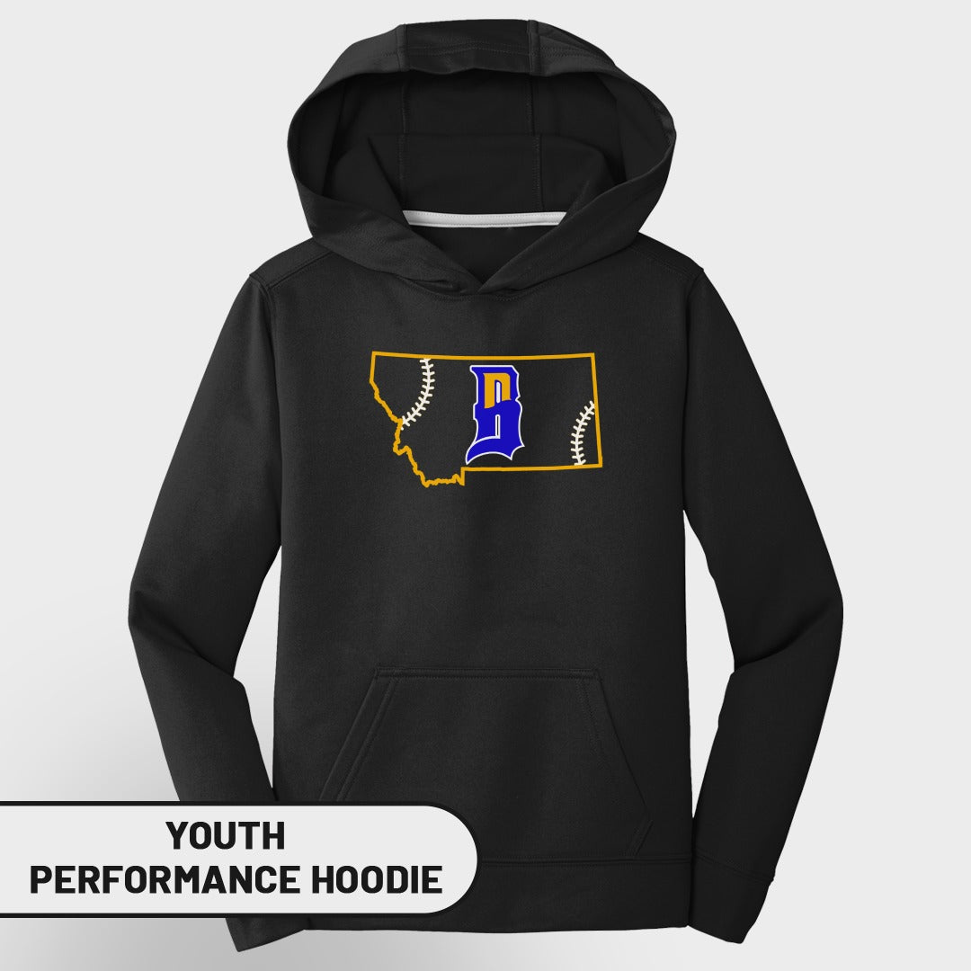 Youth black performance hoodie with Montana map and baseball 'B' logo.