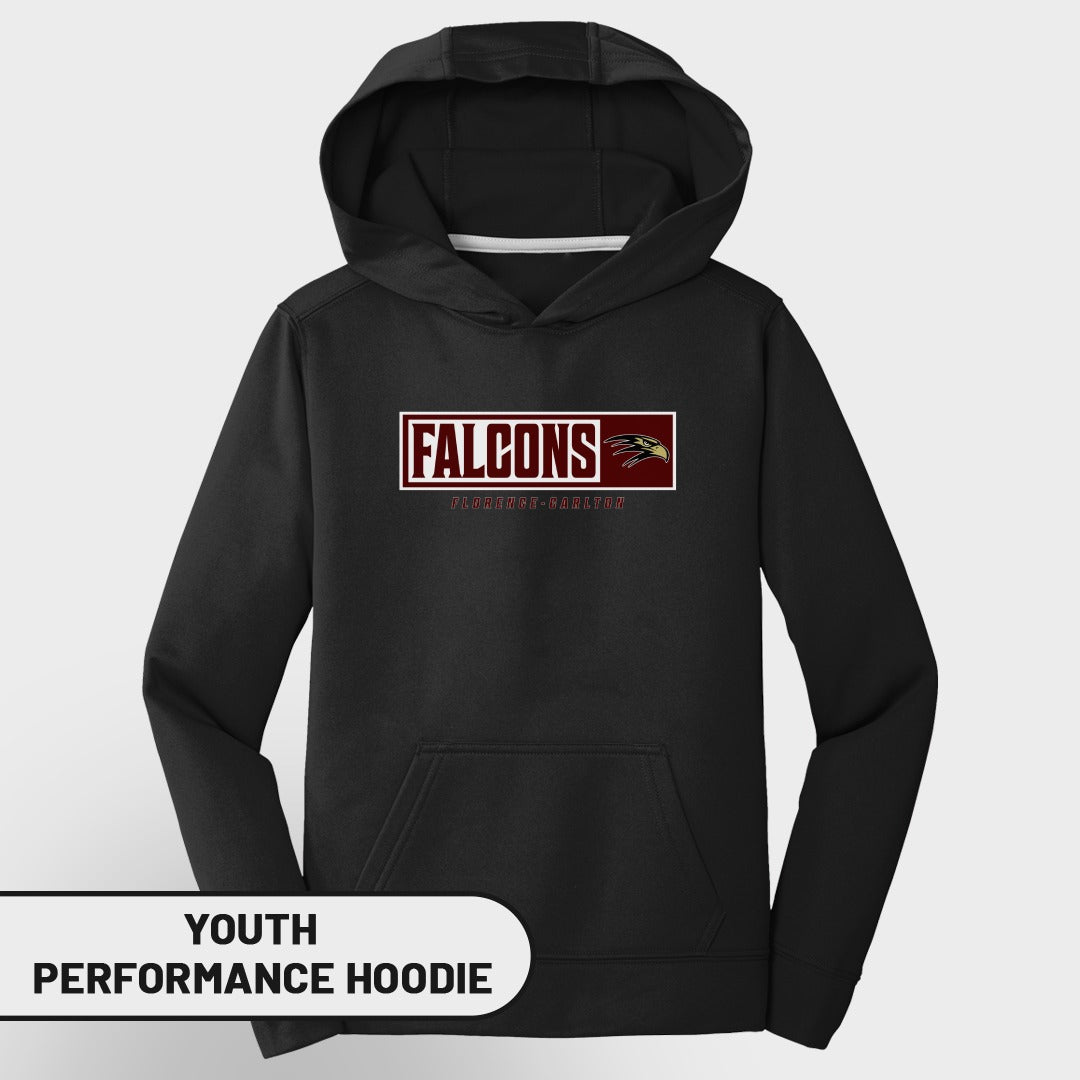 Black youth performance hoodie with "FALCONS" and a falcon logo.