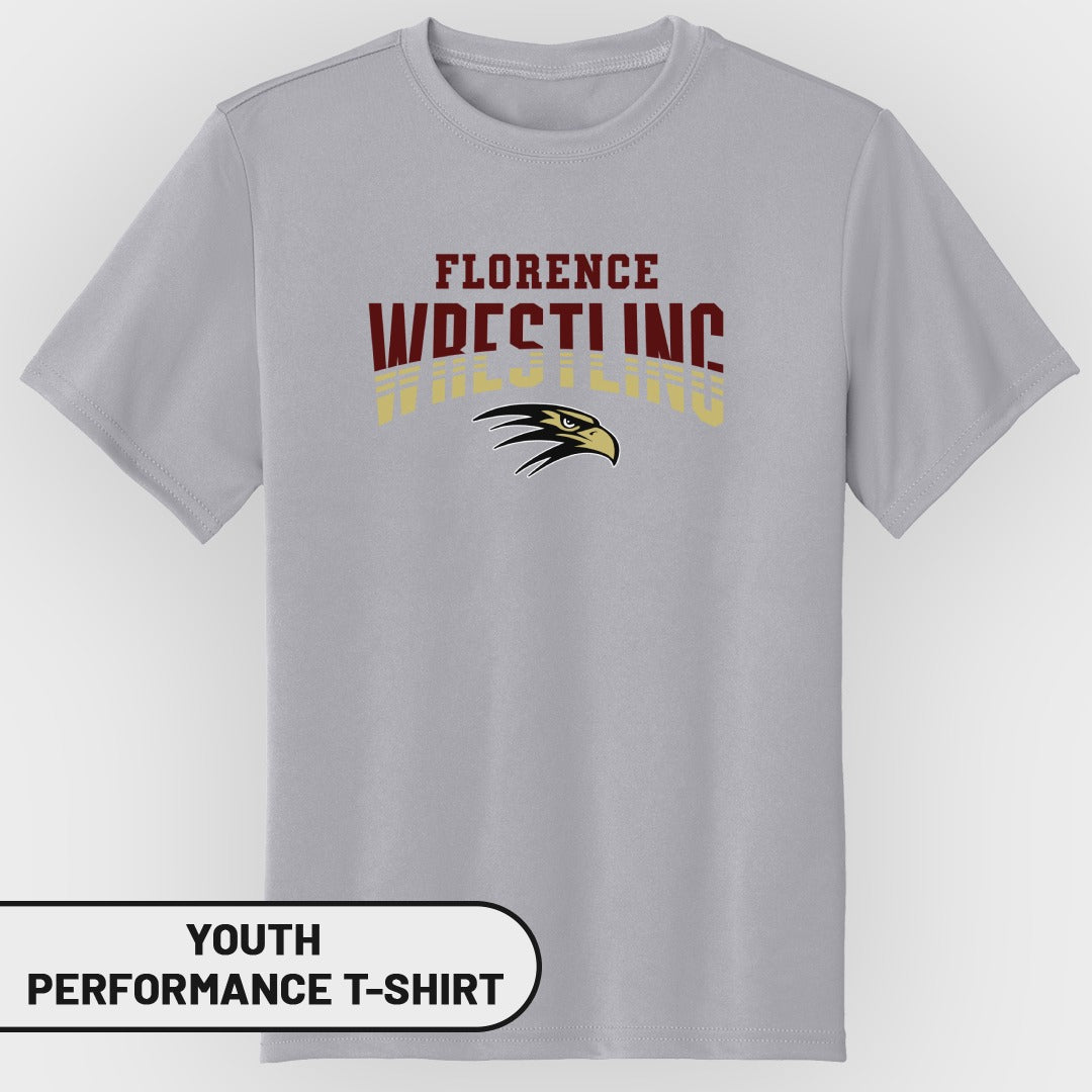 Youth performance t-shirt with Florence Wrestling text and eagle logo.