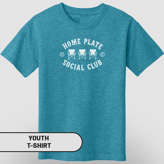 Youth t-shirt with "HOME PLATE SOCIAL CLUB" text and baseball icons.