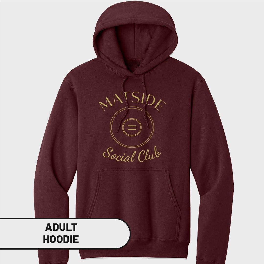 Maroon adult hoodie with "MATSIDE Social Club" text and circular logo.