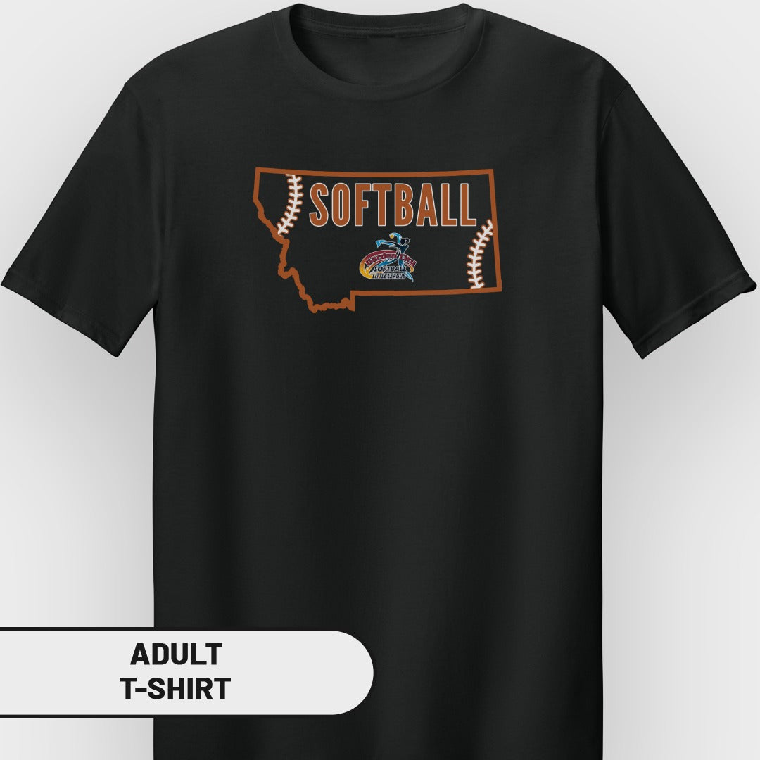 Black adult t-shirt with Montana outline and "Softball Little League" text.