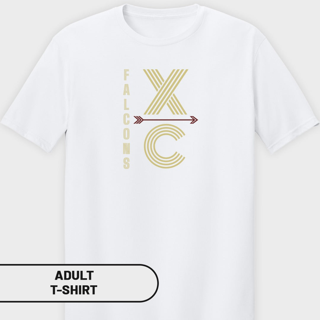 White t-shirt with vertical "FALCONS" text and "XC" graphic with arrow.