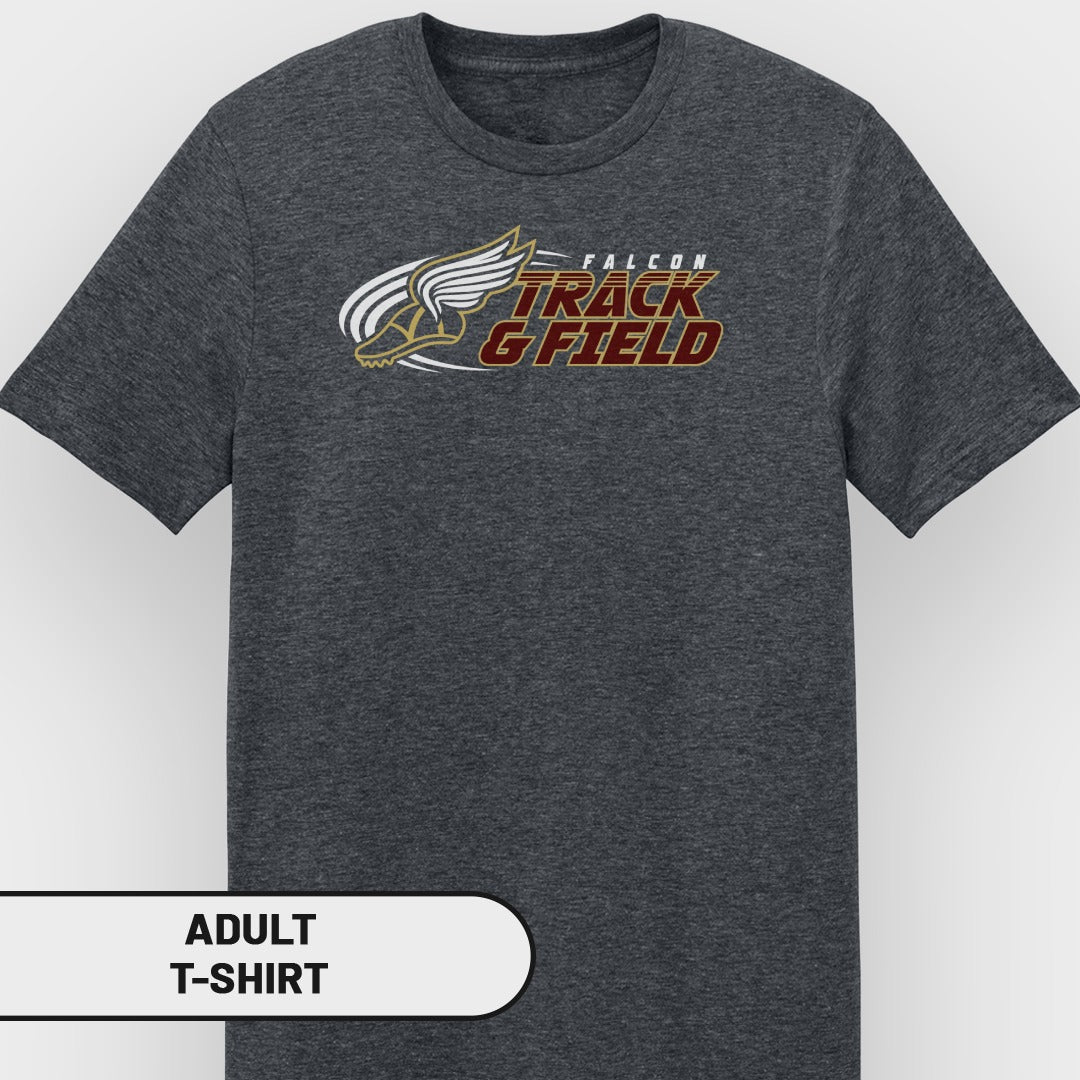 Dark grey adult t-shirt with "Falcon Track & Field" graphic and winged shoe emblem.