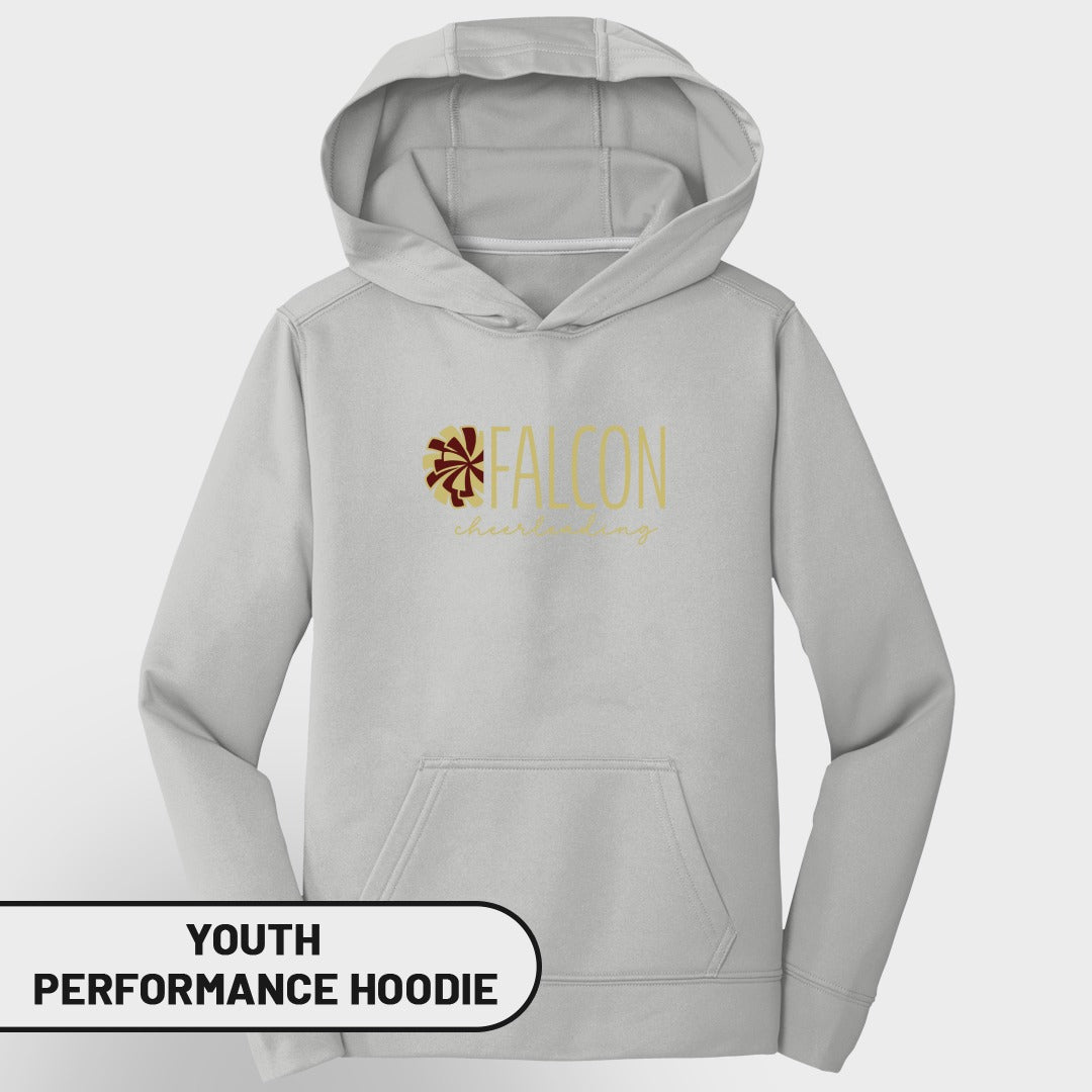 Light grey youth performance hoodie with "FALCON cheerleading" graphic.