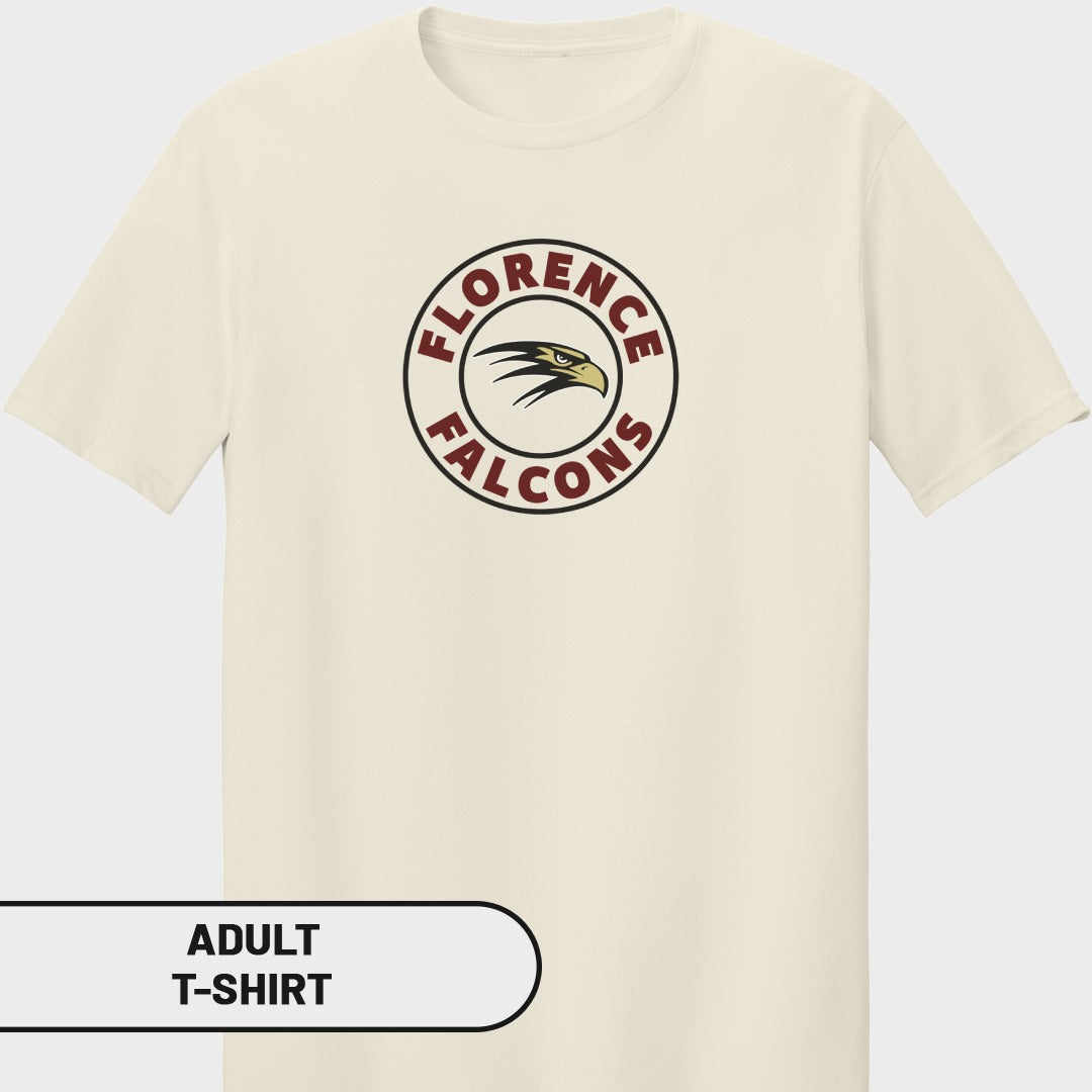 Cream adult t-shirt with Florence Falcons logo on front.