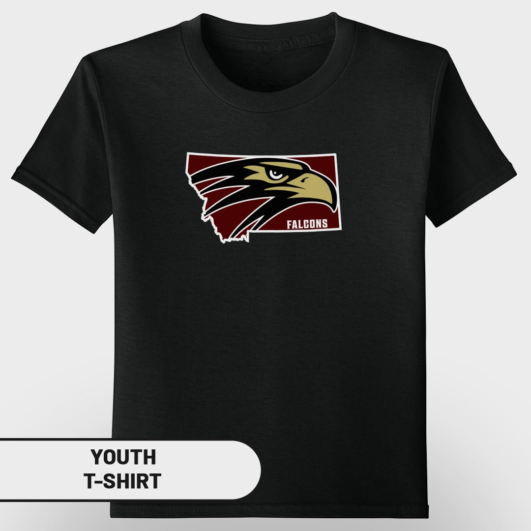 Black youth t-shirt with Montana outline and a falcon logo with "FALCONS" text.