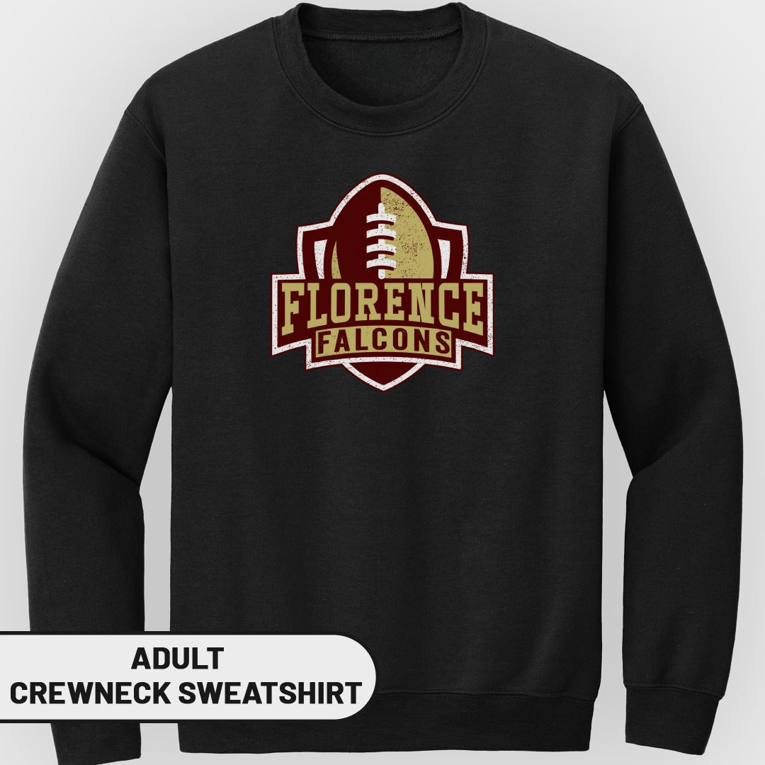 Black adult crewneck sweatshirt with Florence Falcons football logo.