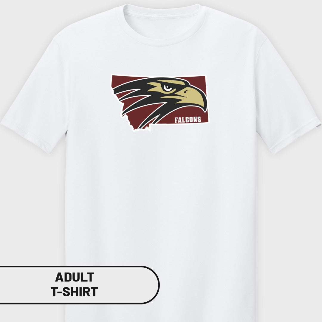 White t-shirt with a Montana state outline featuring a falcon head and the word "FALCONS".