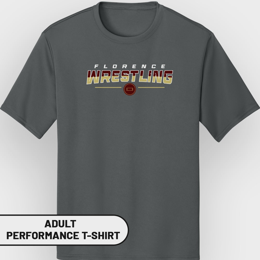 Gray adult performance t-shirt with "Florence Wrestling" text.