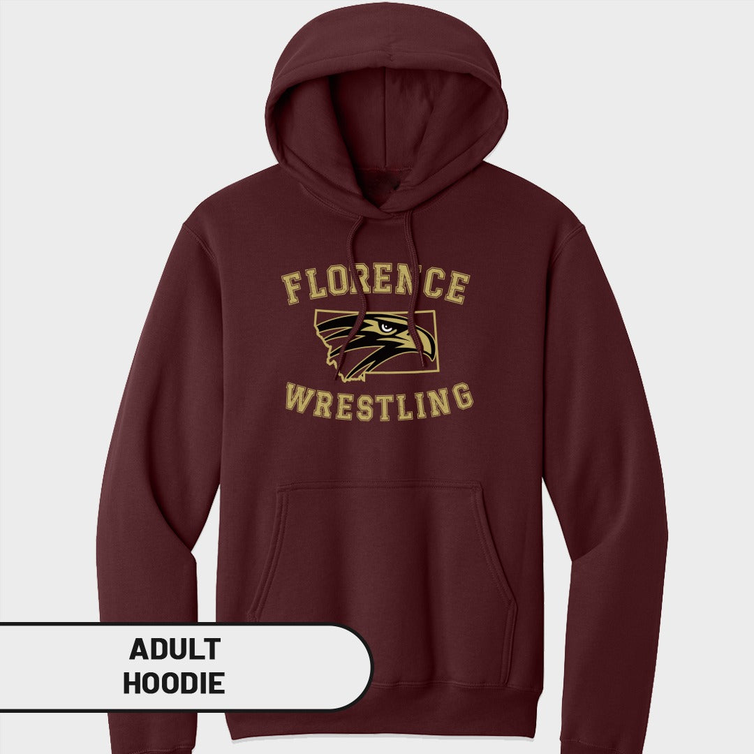 Maroon adult hoodie with Florence Wrestling eagle logo and text.
