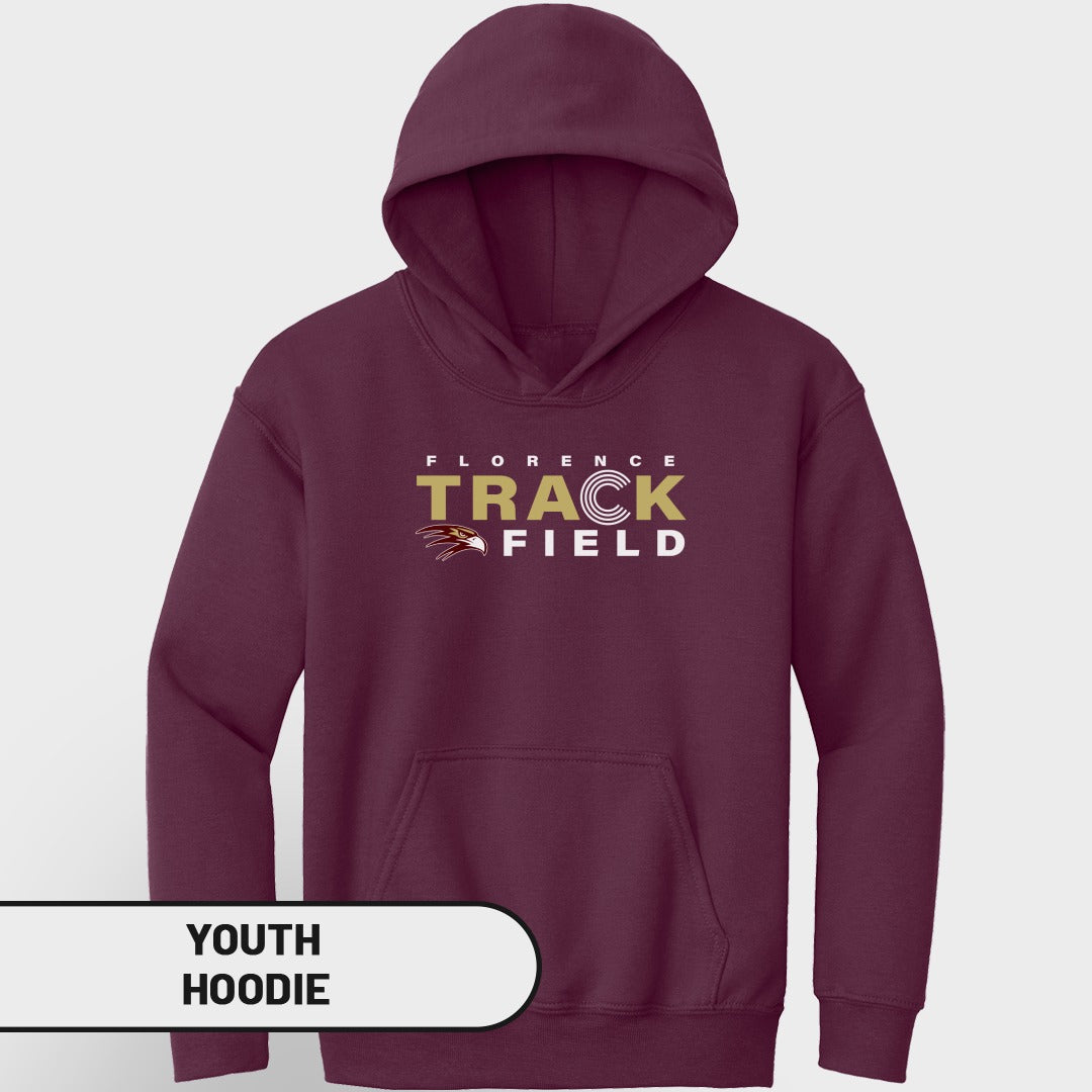 Maroon youth hoodie with "Florence Track Field" and eagle logo graphic.