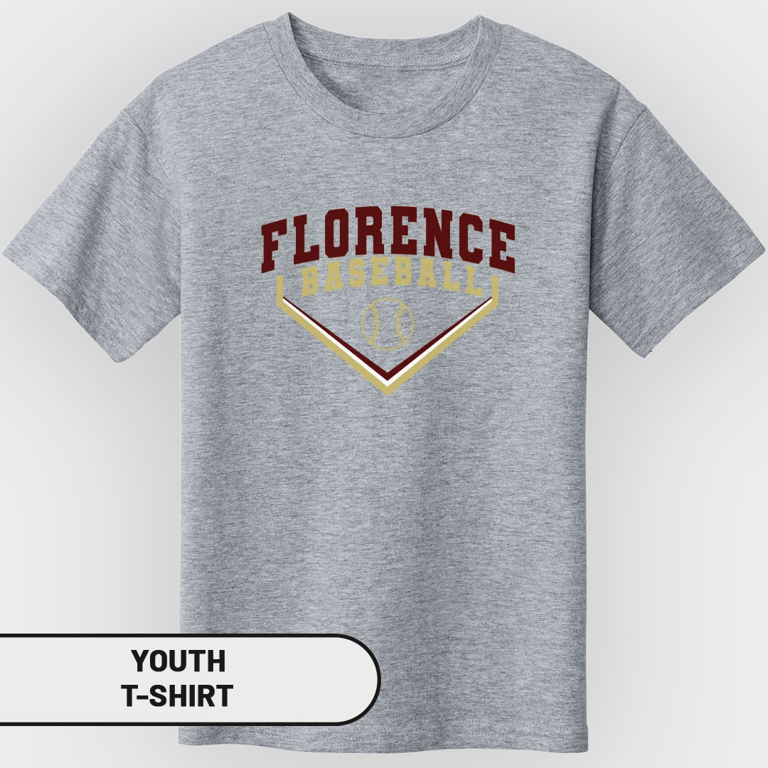 Grey youth t-shirt with "FLORENCE BASEBALL" text and baseball graphic.