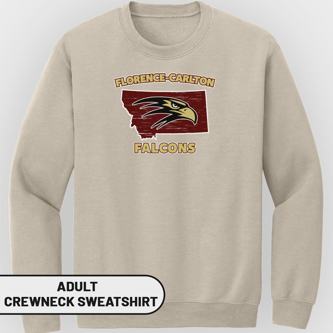 Tan adult crewneck sweatshirt with Florence-Carlton Falcons logo on Montana outline.