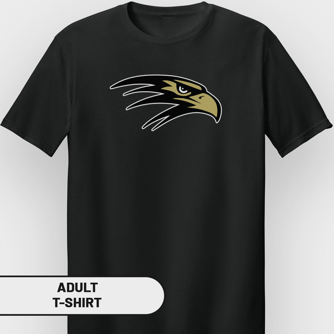 Black t-shirt with a gold and black eagle head logo and "ADULT T-SHIRT" label.