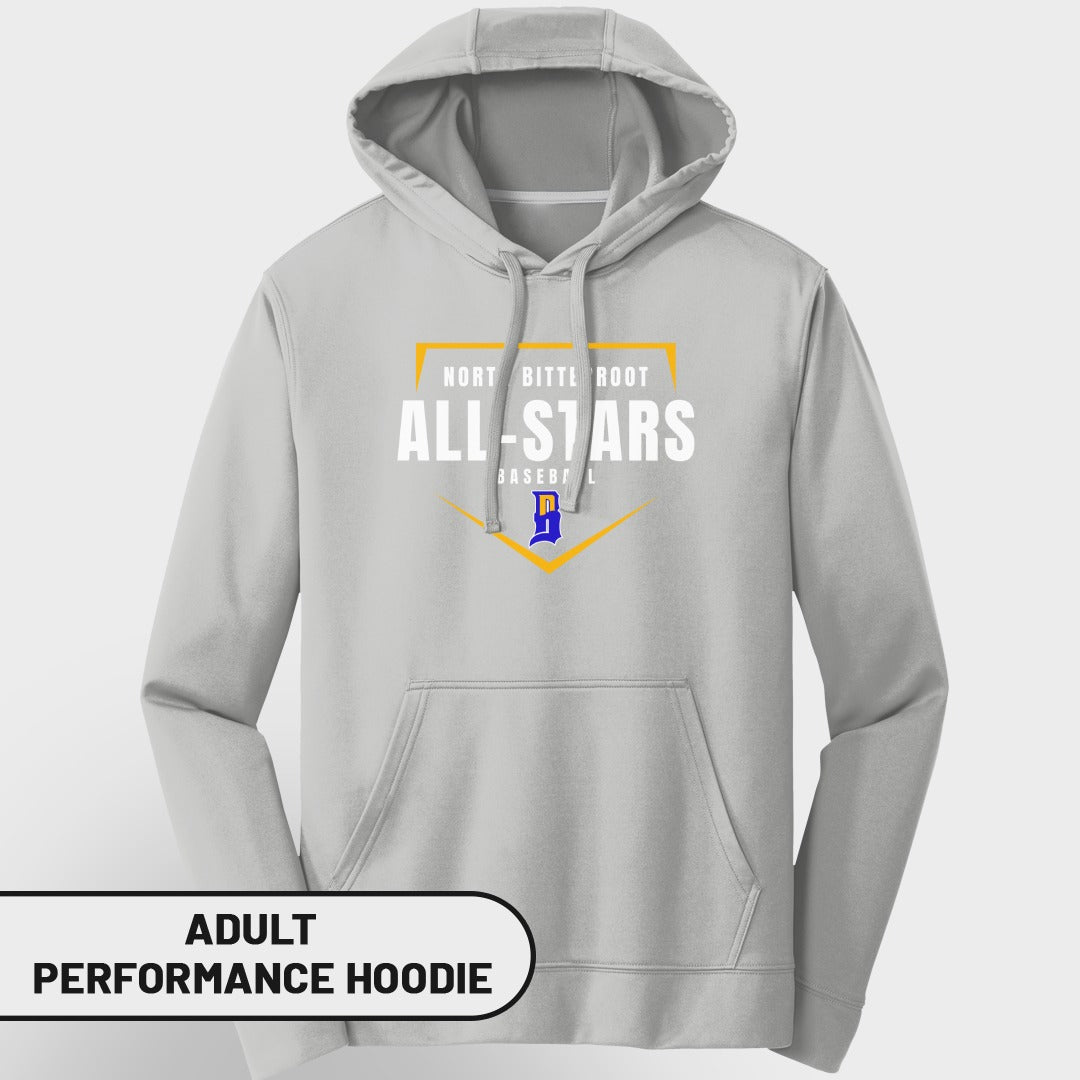 Light grey adult performance hoodie with "All-Stars" baseball graphic.