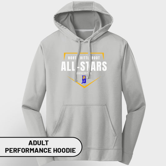 Light grey adult performance hoodie with "All-Stars" baseball graphic.