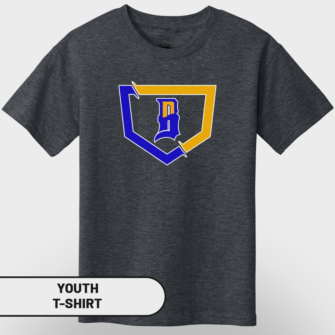 Dark gray youth t-shirt with a blue and gold baseball shield logo.