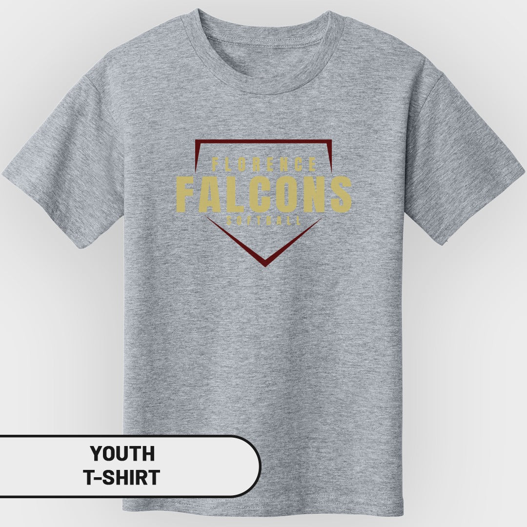 Grey youth t-shirt with "Florence Falcons" and "Est. 2017" text.