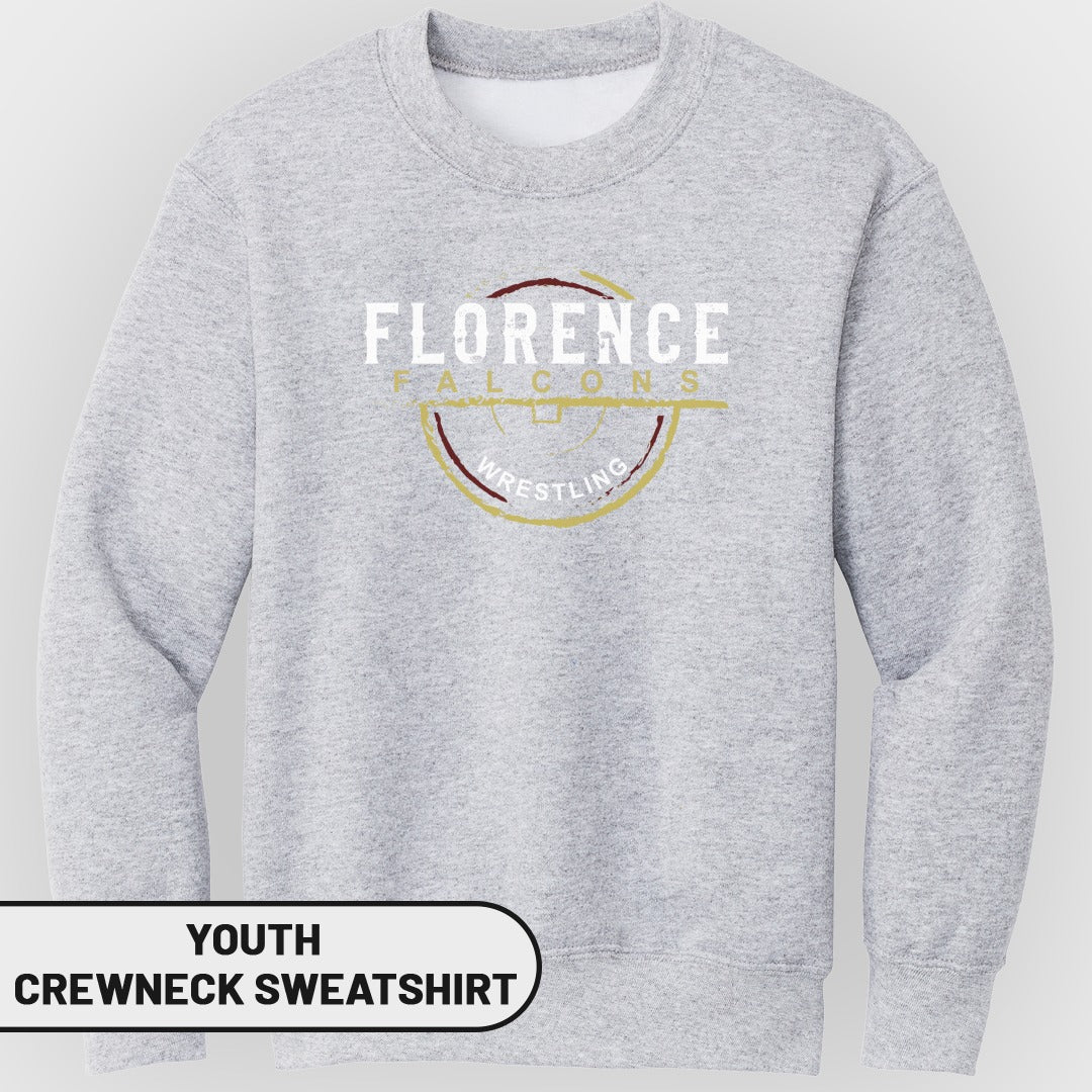 Grey youth crewneck sweatshirt with "Florence Falcons Wrestling" text and circular graphic.