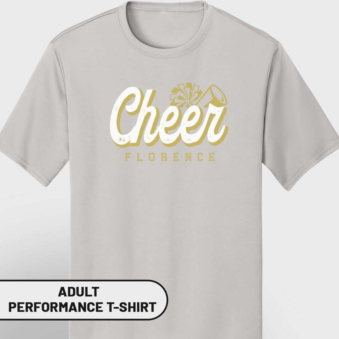 Light gray performance t-shirt with "Cheer Florence" graphic and cheerleading icons.