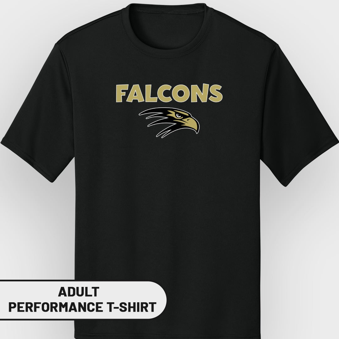 Black adult performance t-shirt with gold "FALCONS" text and eagle logo.