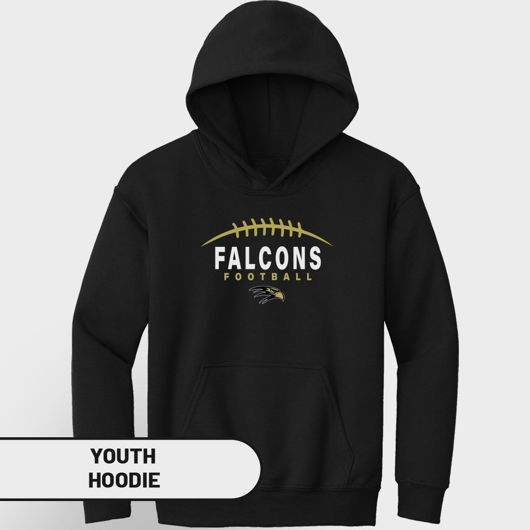 Black youth hoodie with "FALCONS FOOTBALL" and falcon graphic on chest.