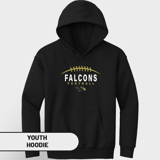 Black youth hoodie with "FALCONS FOOTBALL" and falcon graphic on chest.
