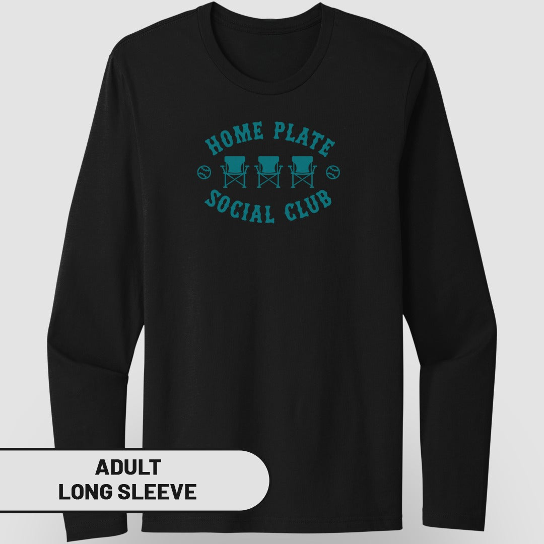 Black long sleeve shirt with "Home Plate Social Club" graphic.