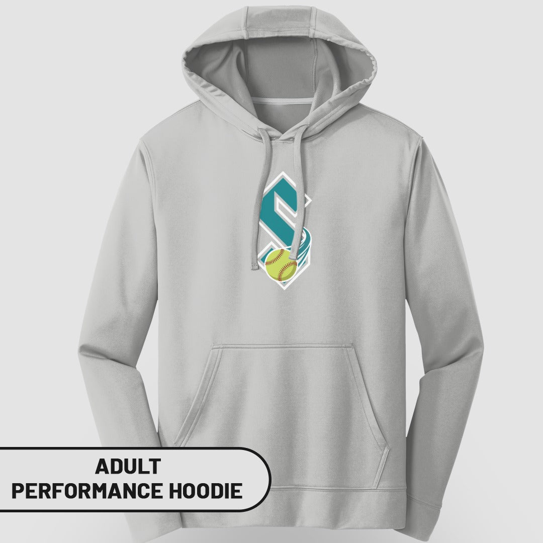 Grey adult performance hoodie with a softball and diamond logo.
