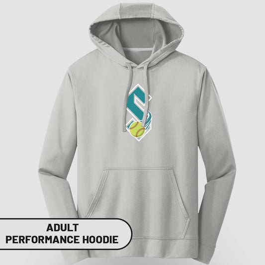 Grey adult performance hoodie with a softball and diamond logo.