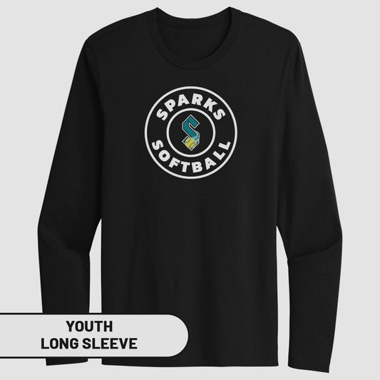 Youth long sleeve t-shirt with Sparks Softball logo on black fabric.