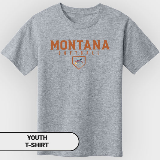 Grey youth t-shirt with "Montana Softball" text and a home plate logo.