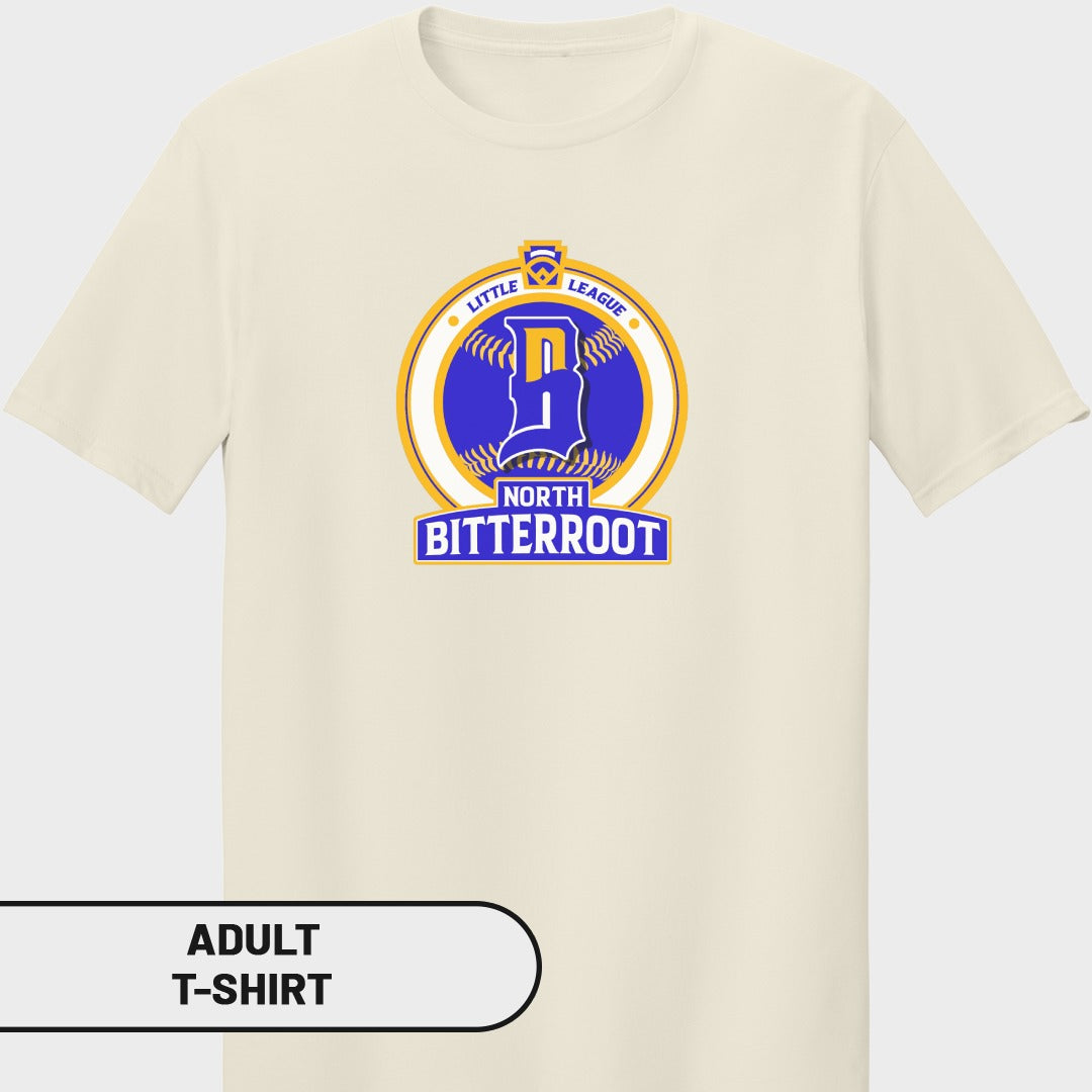 Adult t-shirt with Little League North Bitterroot logo.