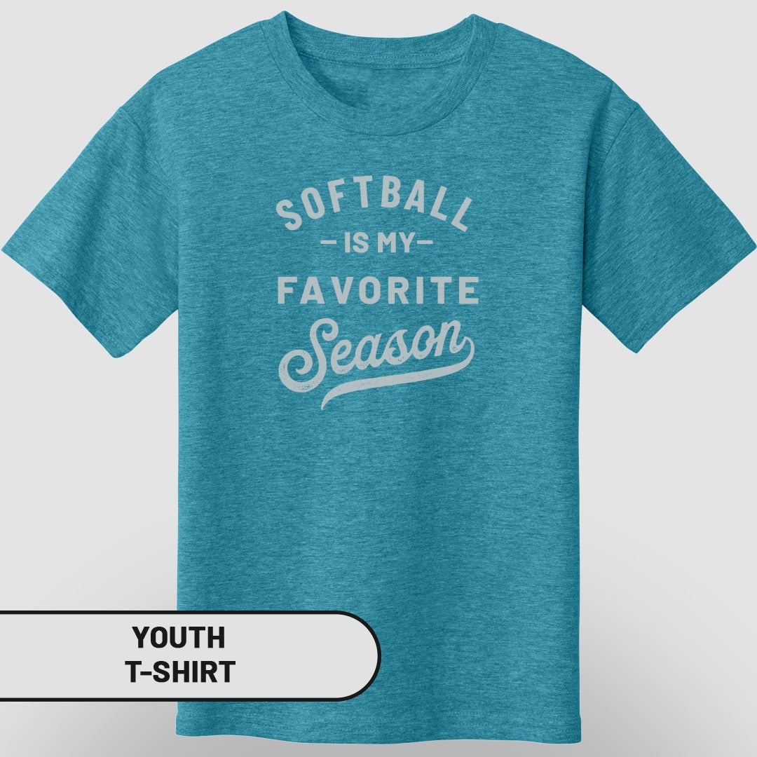 Youth t-shirt with "Softball is my favorite season" text.