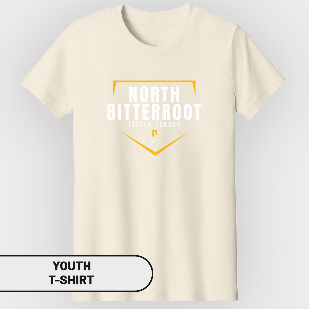 Youth t-shirt with North Bitterroot Little League logo in yellow and white.