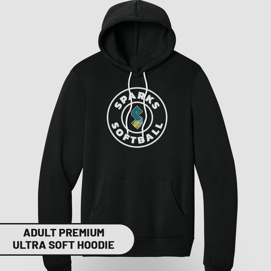 Black hoodie with "SPARKS SOFTBALL" in a circular logo.