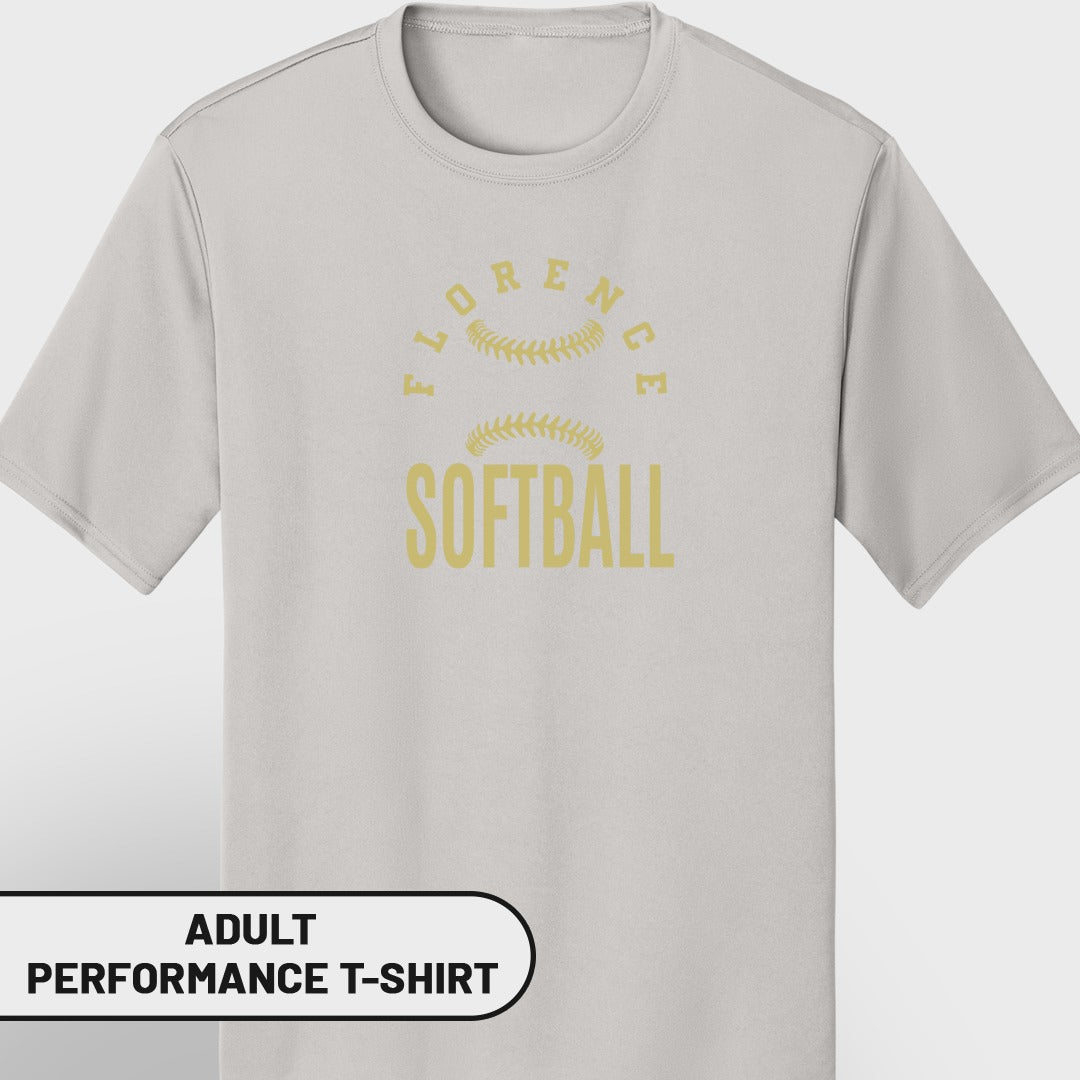 Light grey adult performance t-shirt with "Florence Softball" graphic.