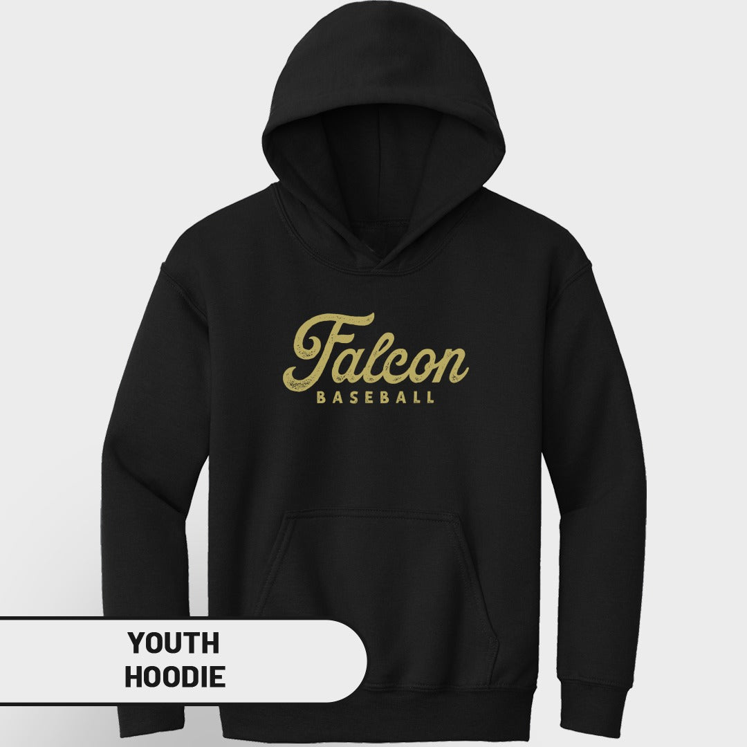 Black youth hoodie with distressed gold "Falcon Baseball" graphic and text label.