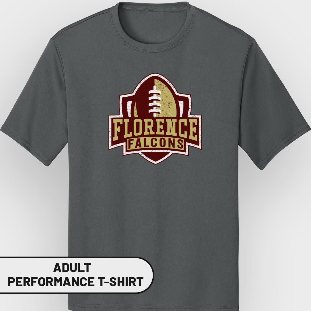 Gray adult performance t-shirt with Florence Falcons football logo.