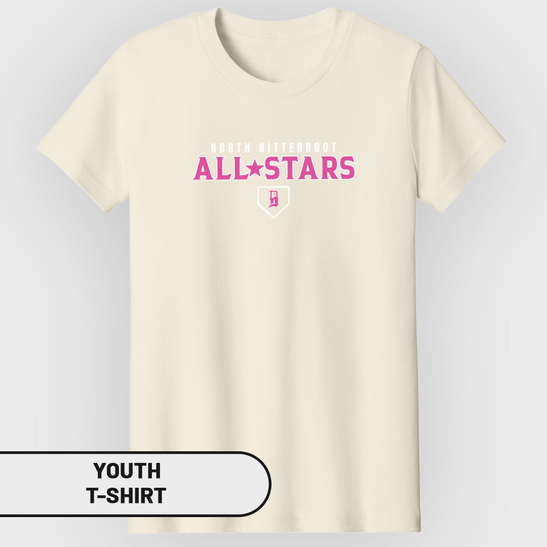 Cream youth t-shirt with "NORTH BITTERROOT ALL-STARS" logo on chest.