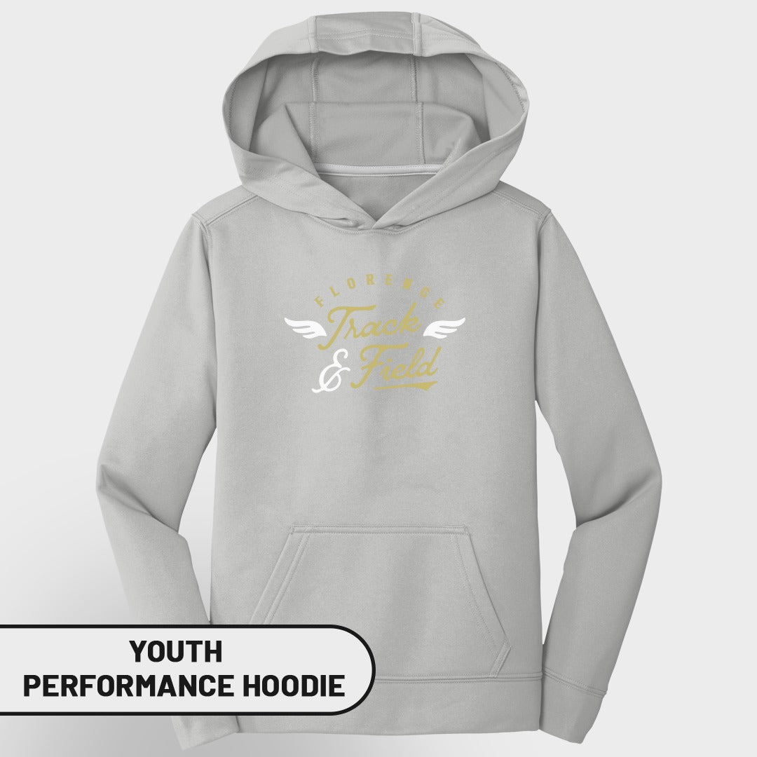 Light gray youth performance hoodie with "Florence Track & Field" graphic.